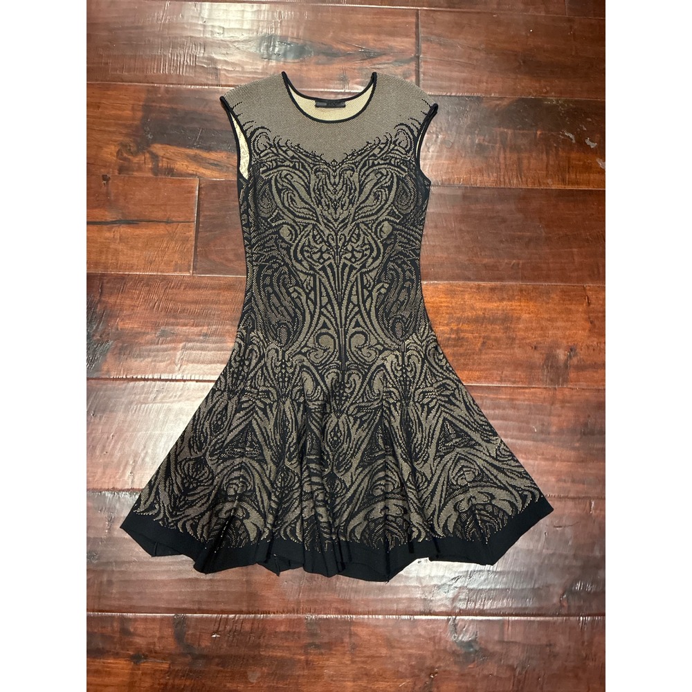 RVN Jacquard Knit Dress Womens S Black Gold Sleeveless Fit and Flare Skater